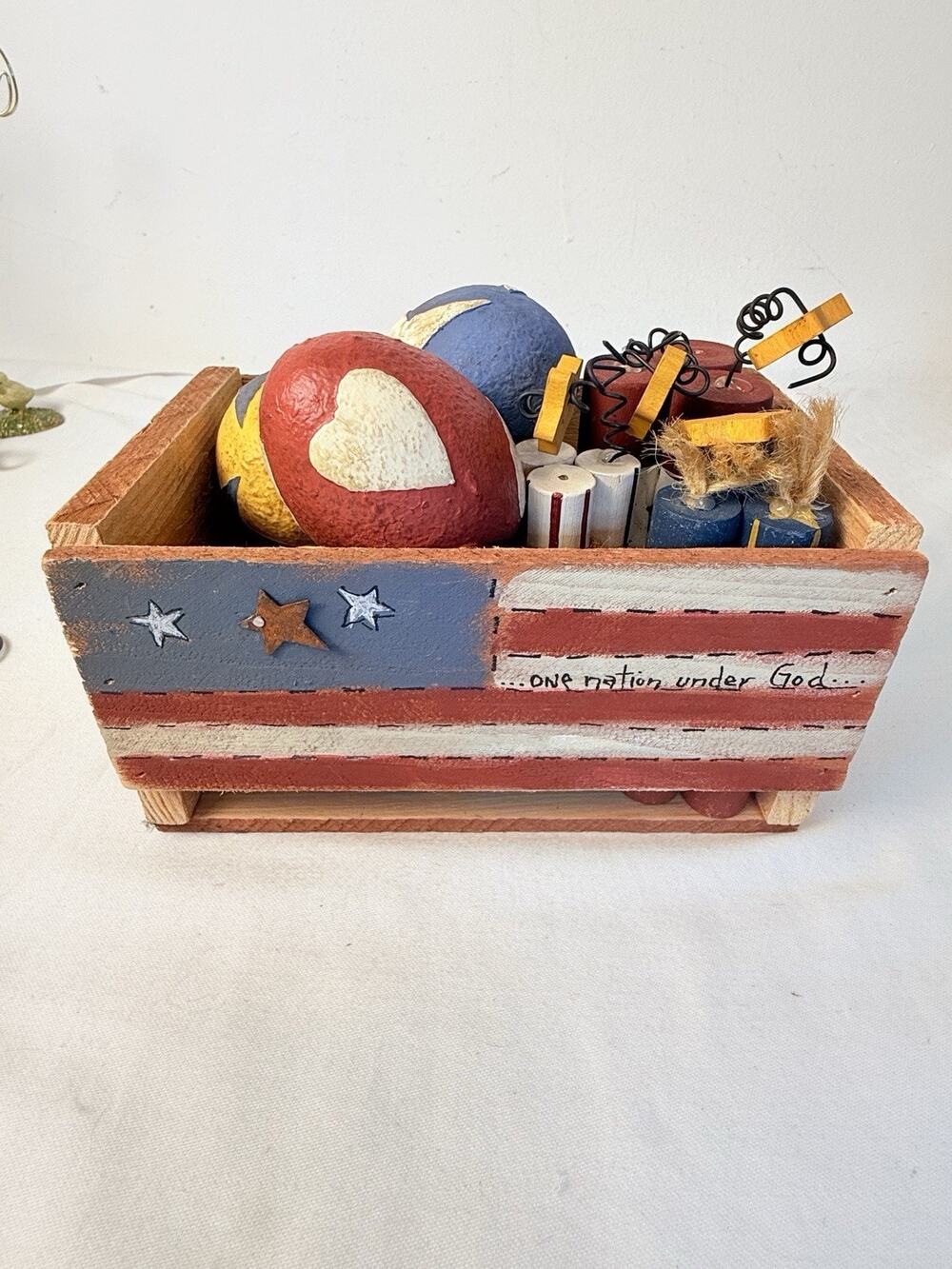 Primitive Americana 4th Of July Wooden Crate Patriotic Flag Stars Firecrackers